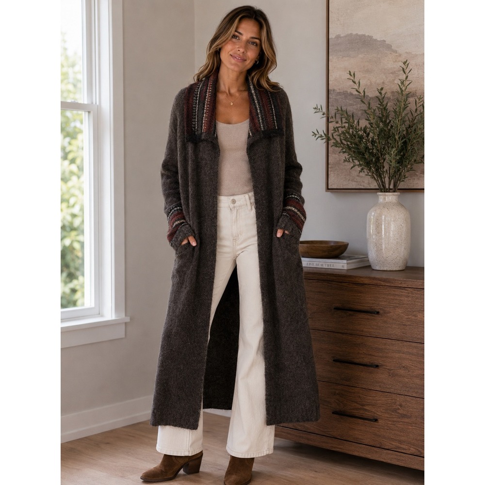 Garnet Hill Mohair Wool Brown Fair Isle Duster Cardigan Sweater Boho Womens Med